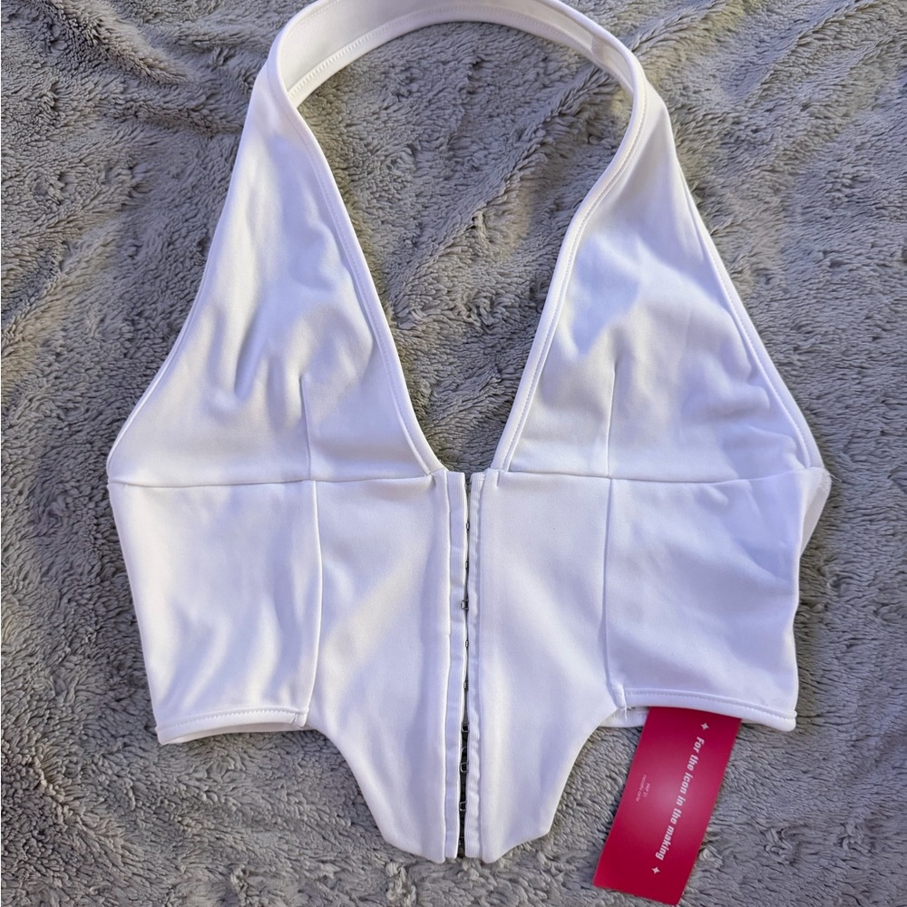 SHEIN White Halter Cropped Zip-Front Top